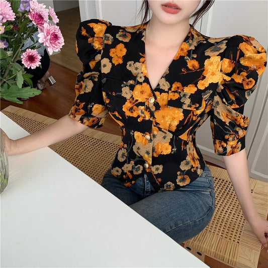 Retro Puff Sleeve Top - French Floral Blouse